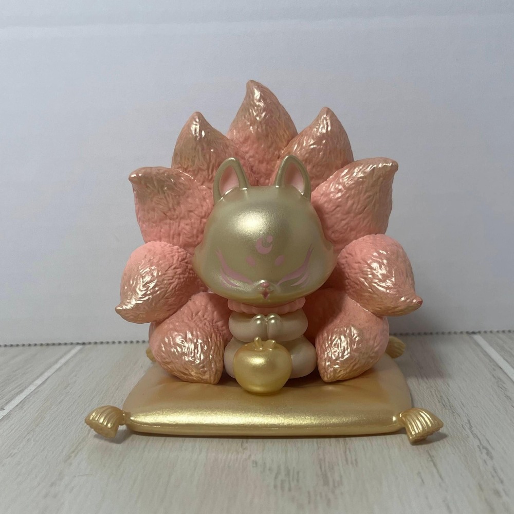 Ancient Nine Tail Fox Gumiho Lucky Fortune Figure Tibetan Beads Peach Pink Gold